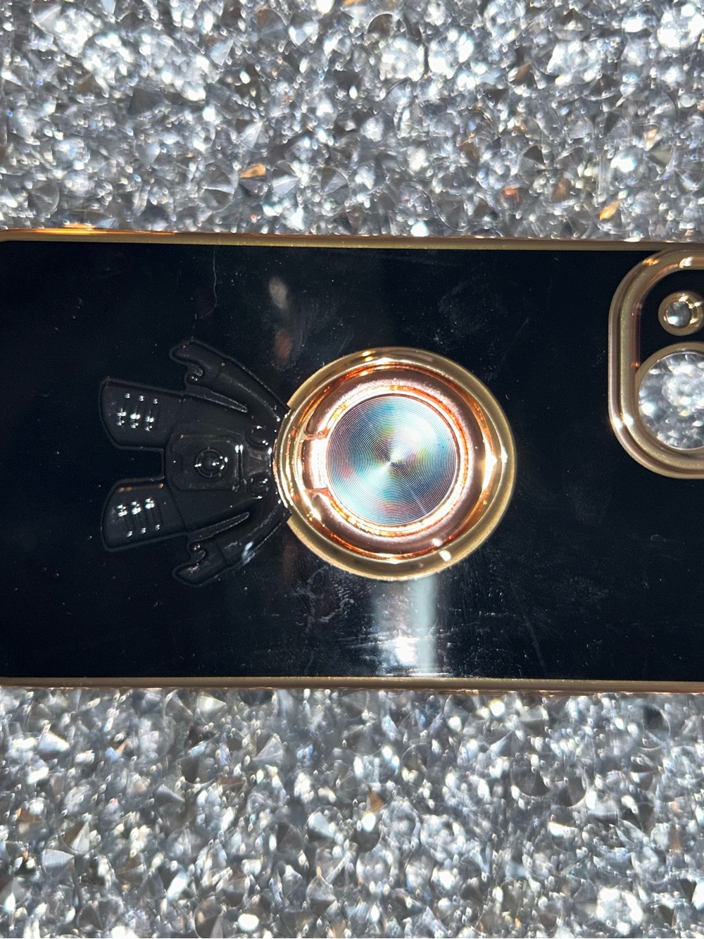 iPhone 15 Black and Gold Phone Ring Holder Case Accessory